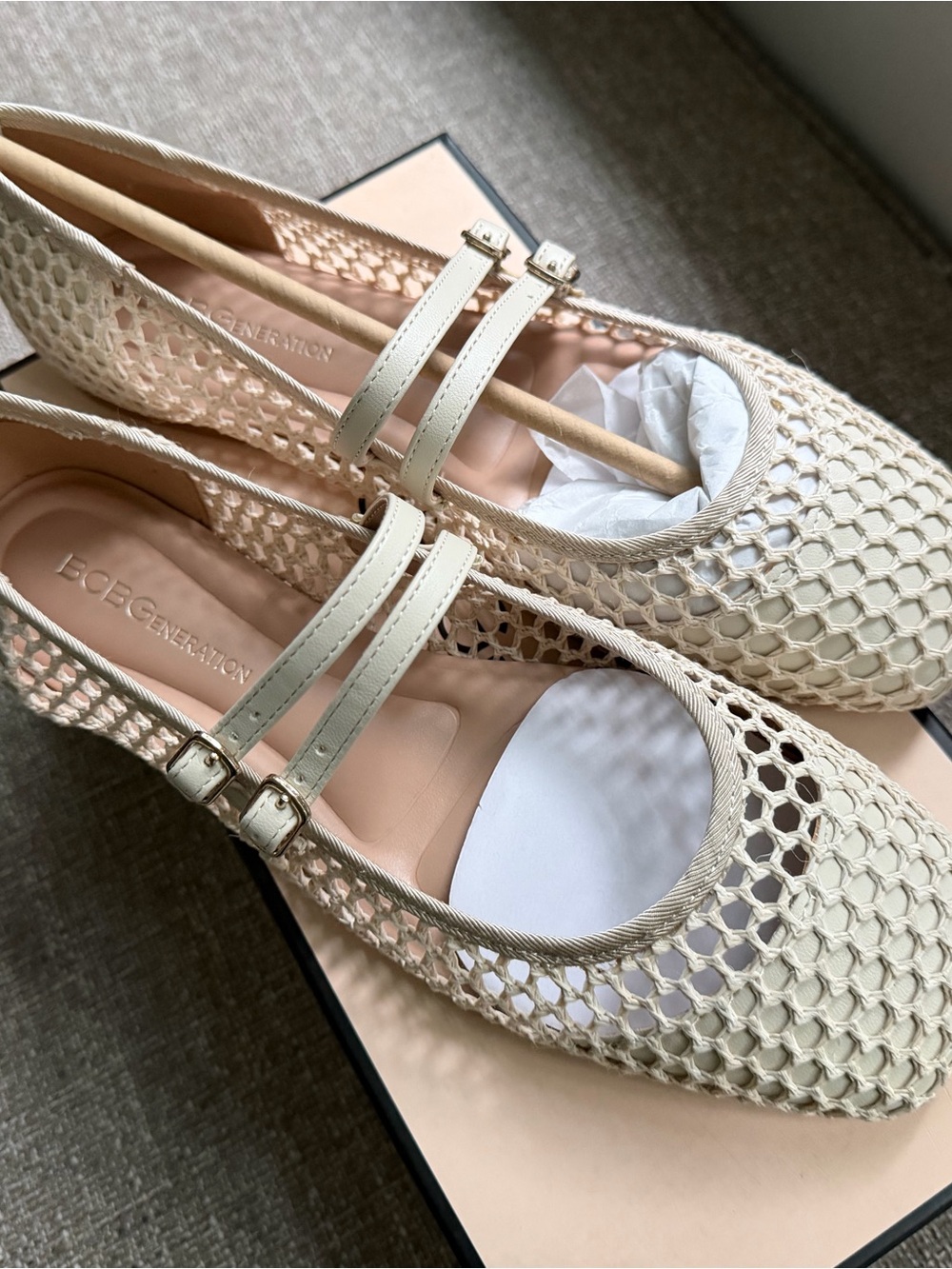 BCBGeneration Ivory Woven Double-Strap Mary Jane Flats